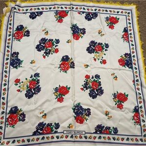 Tory Burch Floral Scarf with Red, Blue, and Yellow Accents